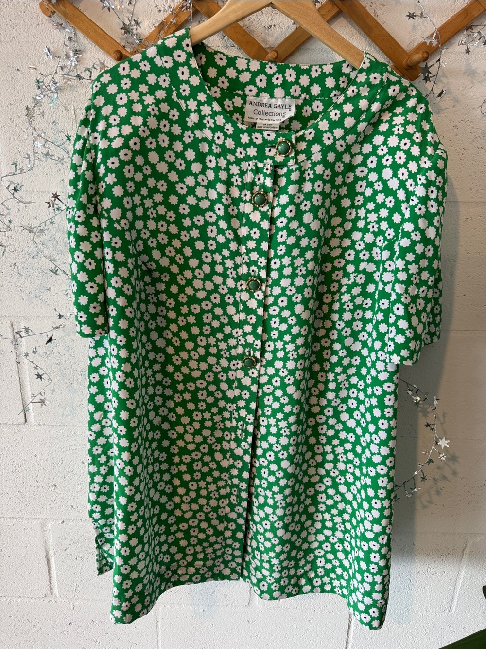 Vintage Andrea Gayle Green Daisy Print Womens button up blouse